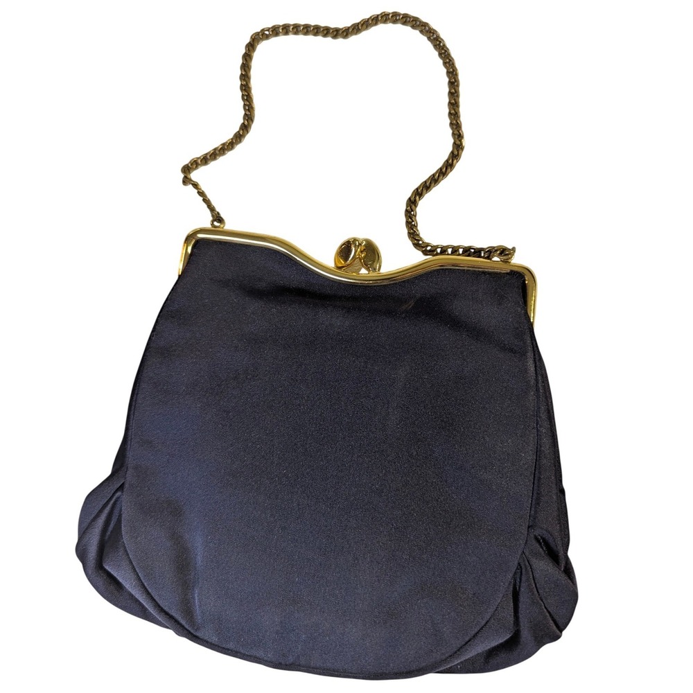 Vintage Rosenfeld Satin Evening Bag OS Navy Blue Gold Chain Clutch - Picture 6 of 12